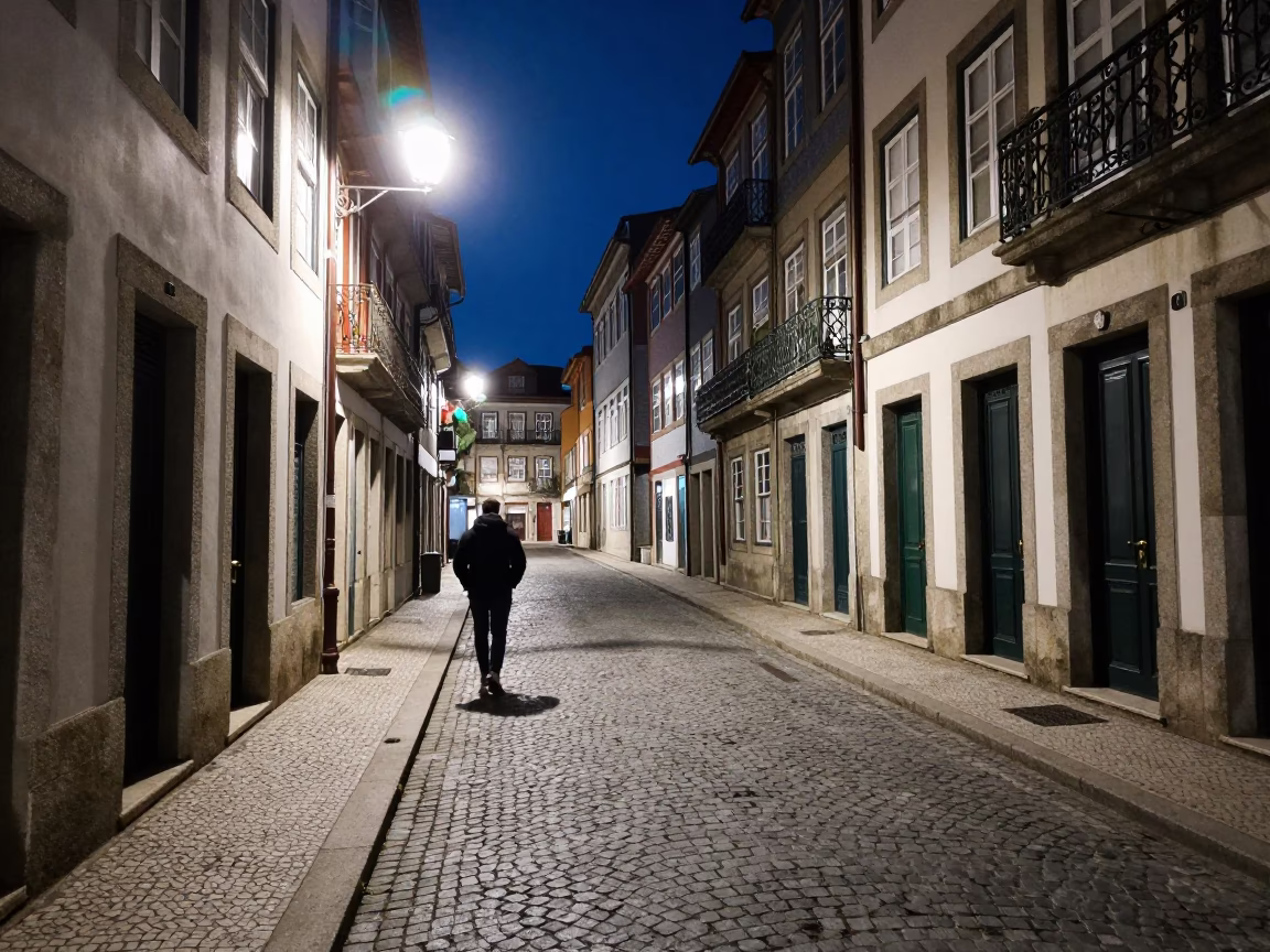 Late Night Porto Street Scene with Neon Reflections and Urban Details in in Porto, Portugal