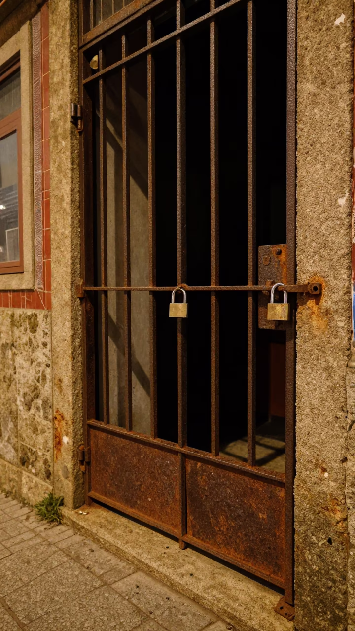 Late Night Porto Street Scene with Padlock on Rusty Gate and Eucalyptus Grove in in Porto, Portugal