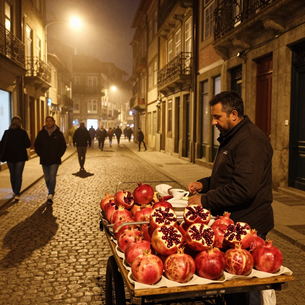 Late Night Porto Street Scene with Pomegranate Vendor and Neon Lights in in Porto, Portugal