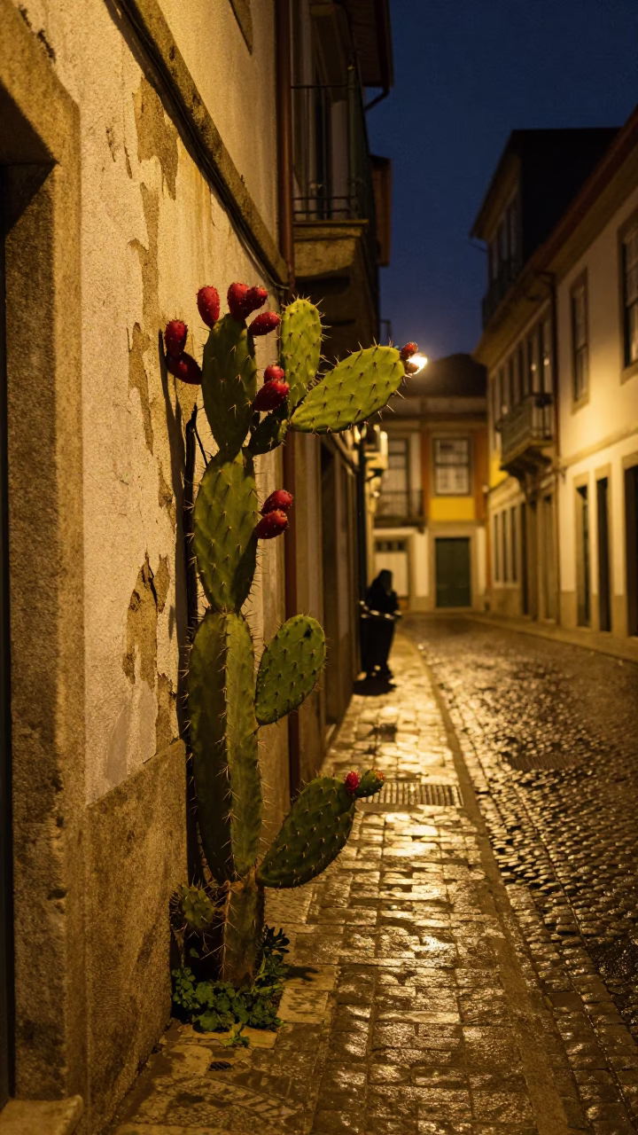 Late Night Porto Street Scene with Prickly Pear Cactus and Vintage Details in in Porto, Portugal
