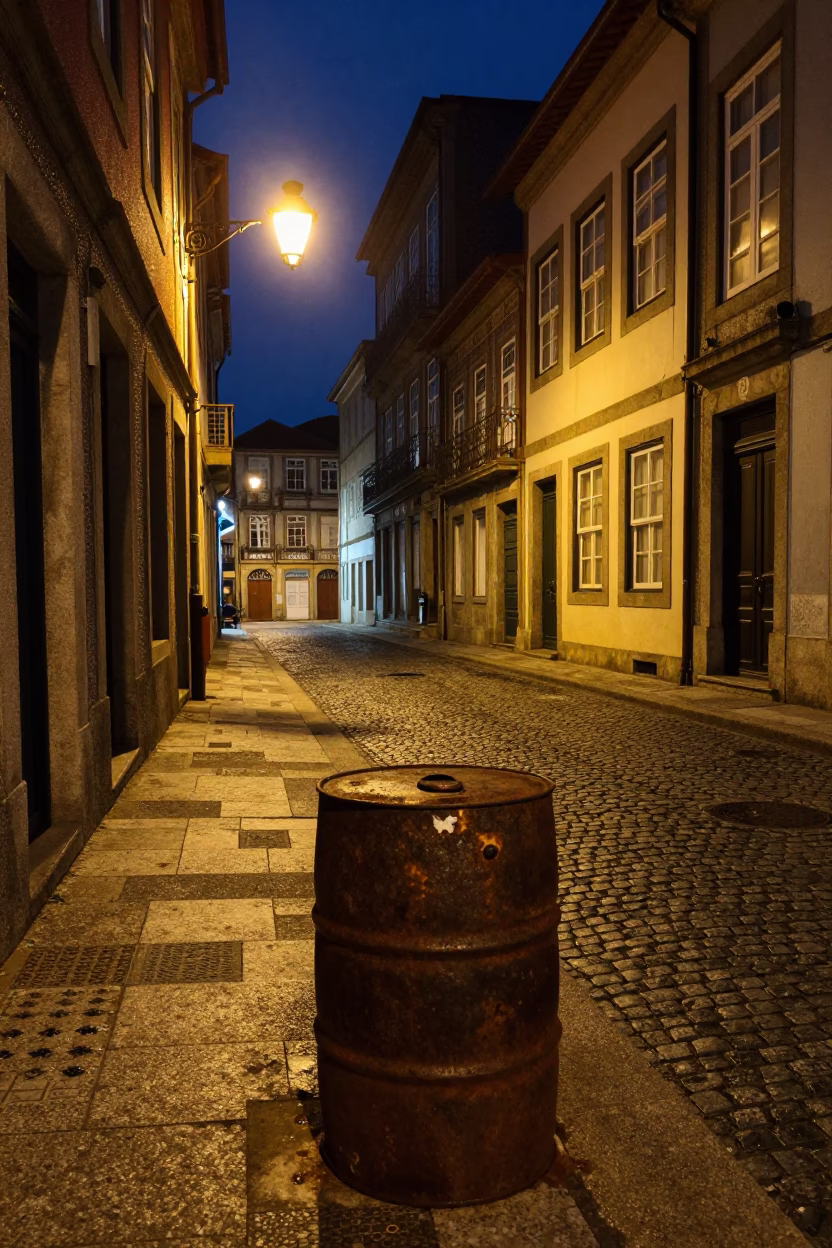 Late Night Porto Street Scene with Rusty Bucket and Umbrella Stand in in Porto, Portugal
