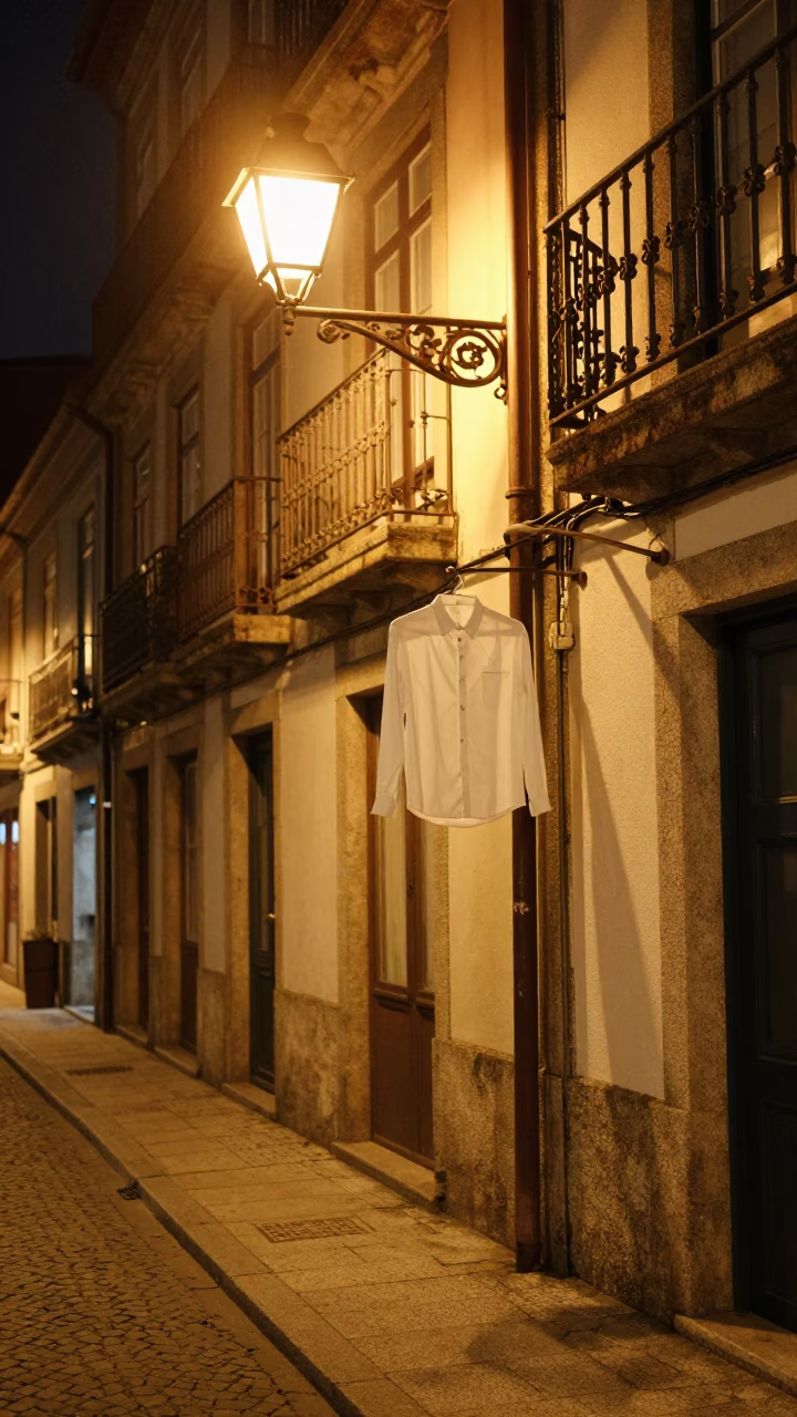 Late Night Porto Street Scene with Shirt Hanger and Substation Oil Puddle in in Porto, Portugal