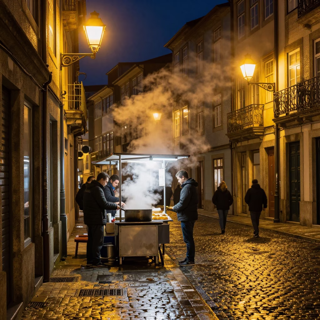 Late Night Porto Street Scene with Steam and Urban Life in Portugal in in Porto, Portugal