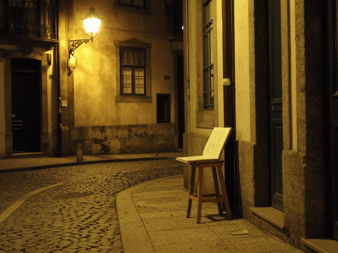 Late Night Porto Street Scene with Stool and Sketchbook in in Porto, Portugal