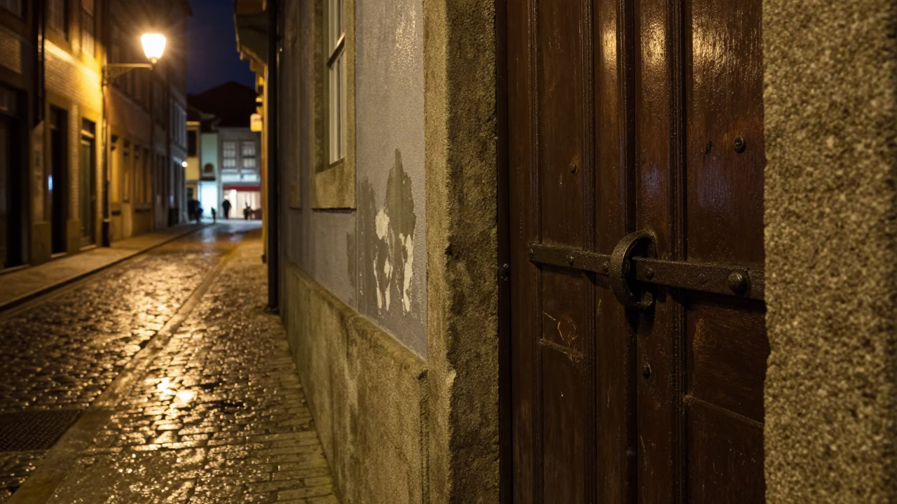 Late Night Porto Street Scene with Tea Stains and Urban Decay in in Porto, Portugal