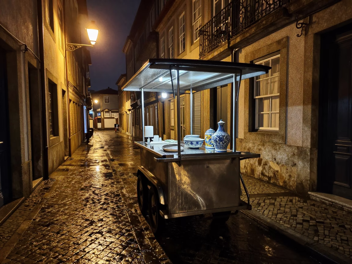 Late Night Porto Street Scene with Traditional Portuguese Ceramics and Wet Cobblestones Under Streetlight in in Porto, Portugal