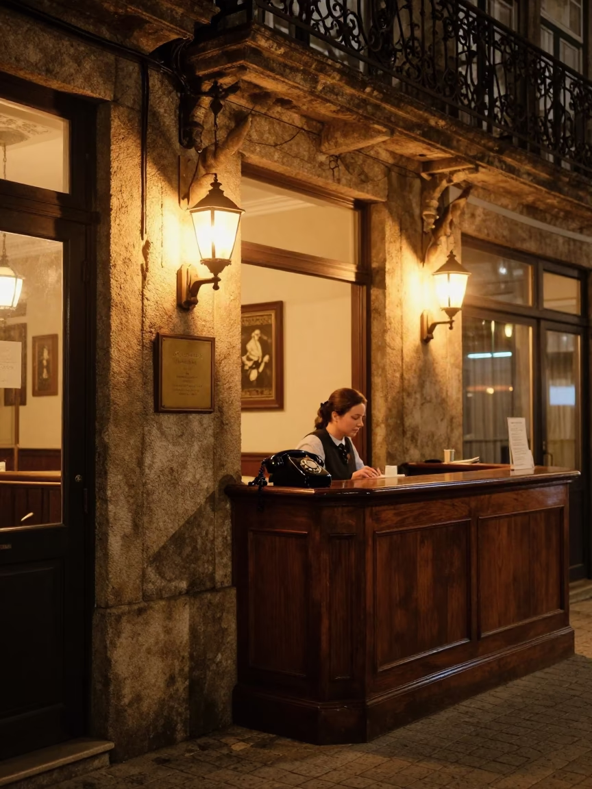 Late Night Porto Street Scene with Vintage Bakelite Telephone on Hotel Reception Desk in in Porto, Portugal