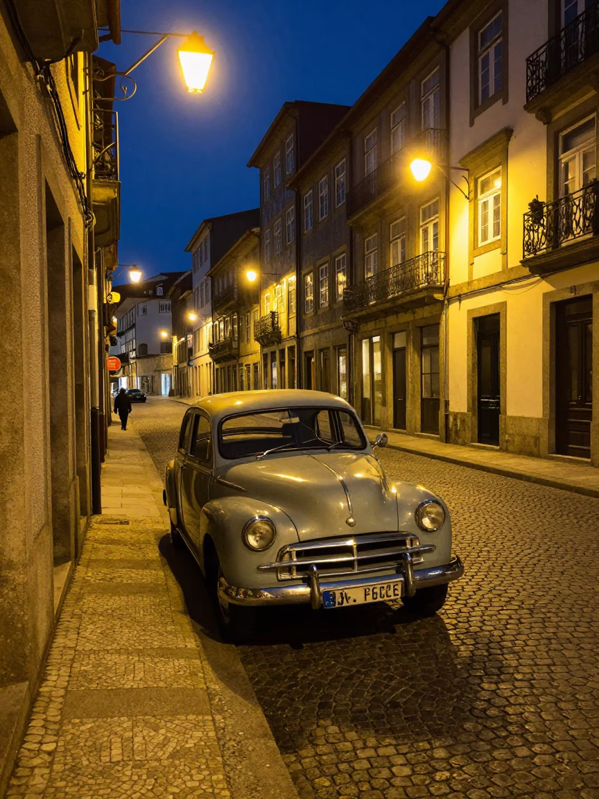 Late Night Porto Street Scene with Vintage Car and Bridge Infrastructure in in Porto, Portugal