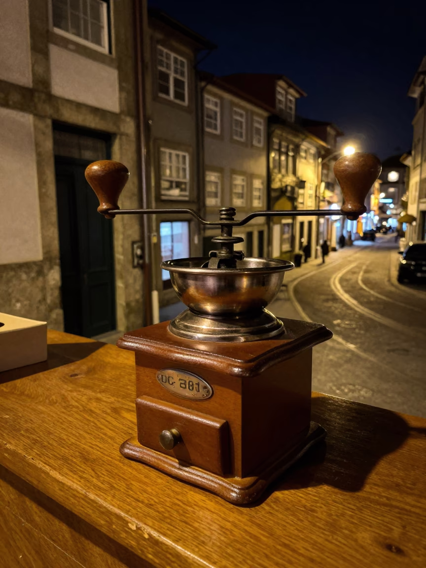 Late Night Porto Street Scene with Vintage Coffee Grinder and Terracotta Pot in in Porto, Portugal