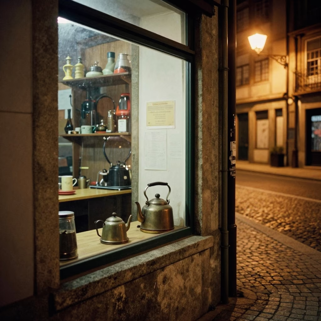 Late Night Porto Street Scene with Vintage Tea Kettle and Coffee Cup in in Porto, Portugal