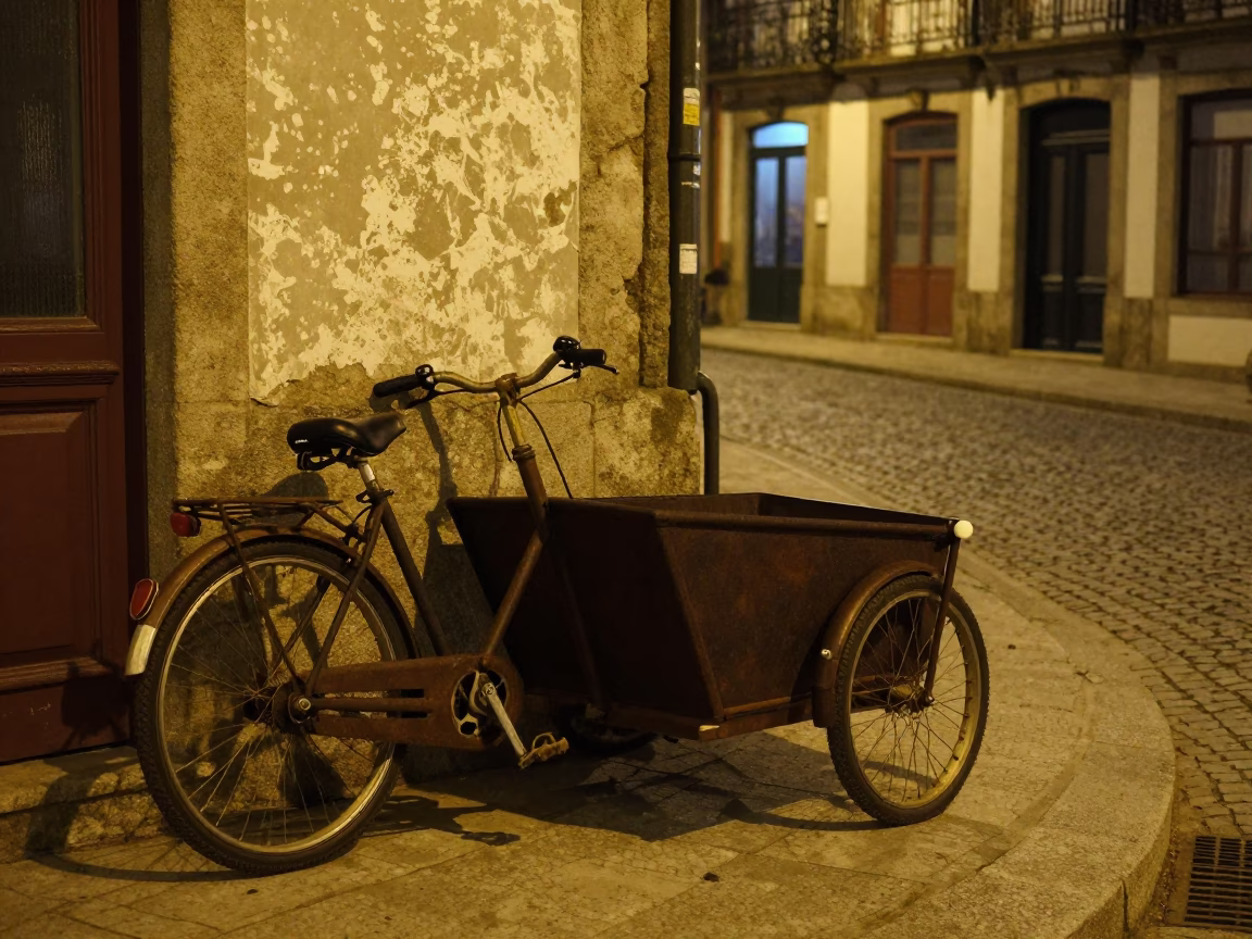 Late Night Porto Street Scene with Watering Bottle and Cargo Bicycle in in Porto, Portugal