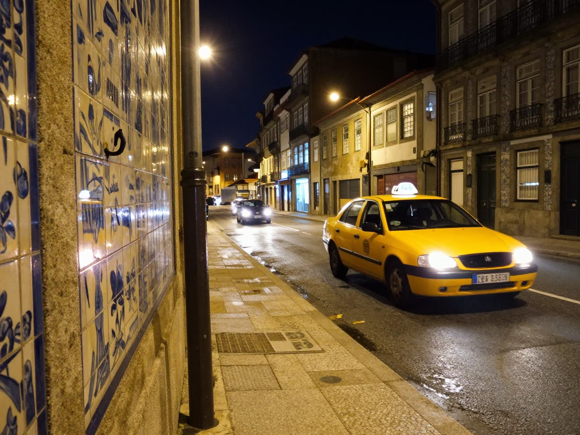 Late Night Porto Street Scene with Yellow Taxi and Tram Reflections in in Porto, Portugal