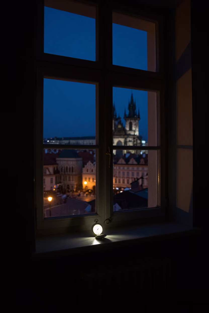 Late Night Prague Apartment Interior with Pocket Watch and Glass Sill in Deep Night in in Prague, Czech Republic