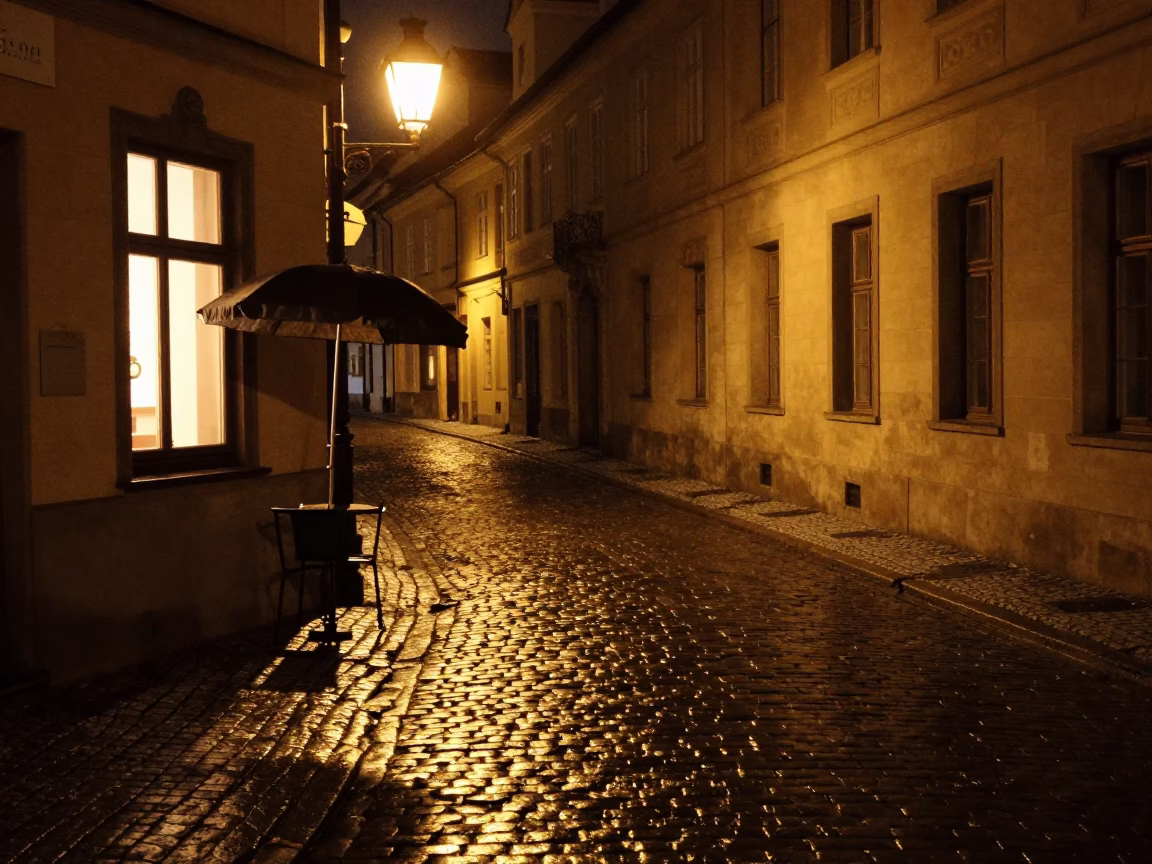 Late Night Prague Cobblestone Street with Umbrella Stand and Brass Details in in Prague, Czech Republic