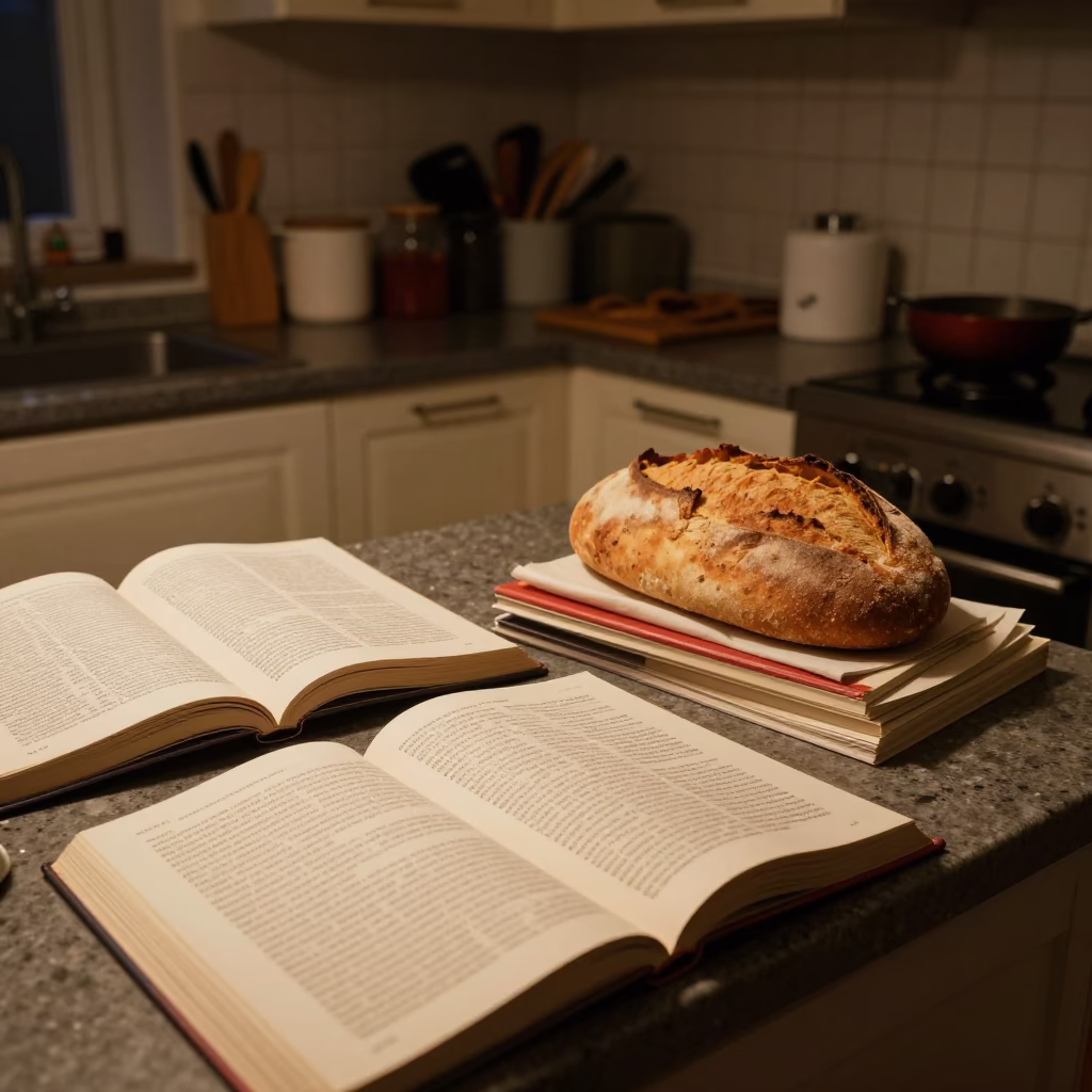 Late Night Prague Kitchen Scene with Cookbooks and Bread Loaves in in Prague, Czech Republic
