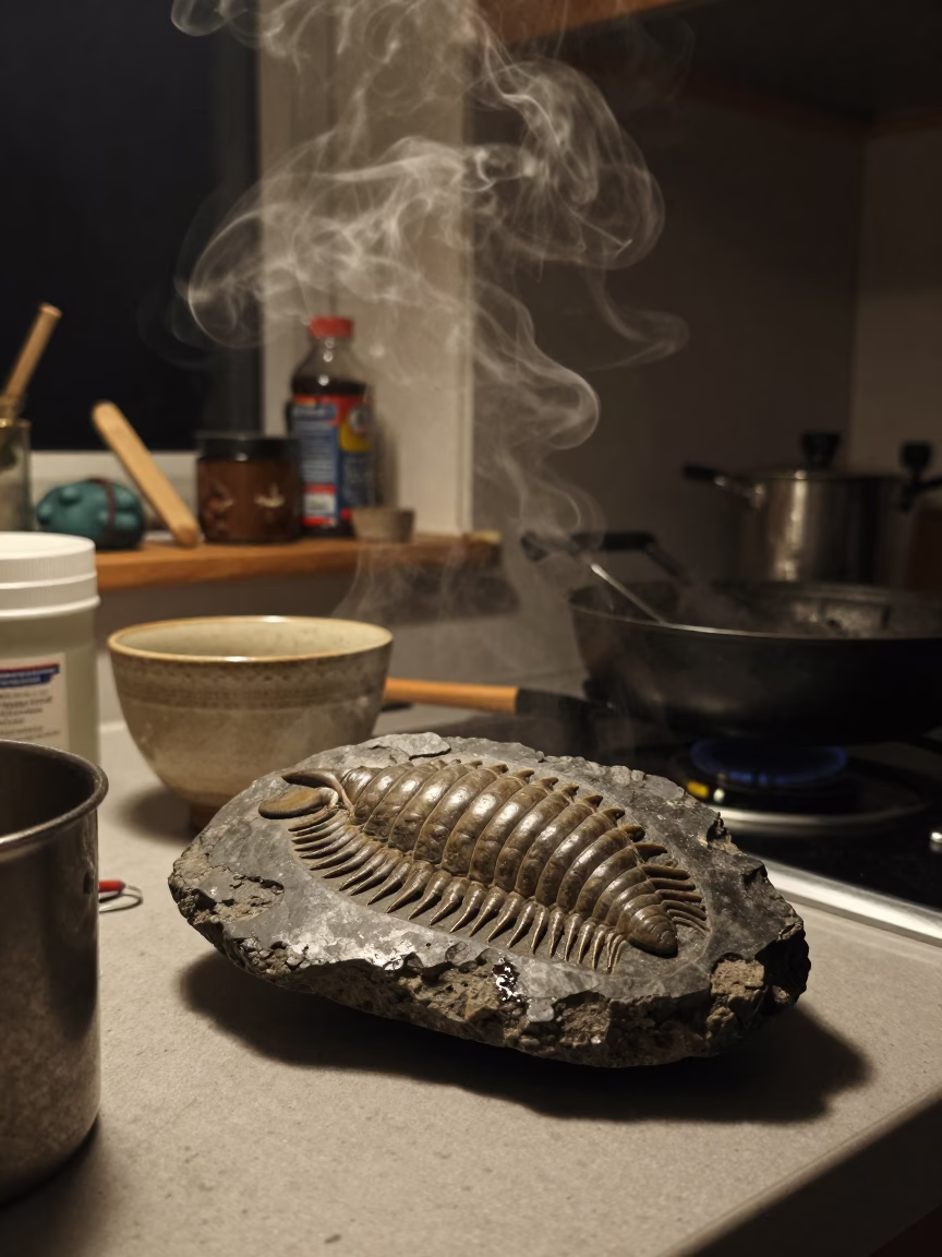 Late Night Prague Kitchen Scene with Trilobite Fossil and Steam Haze in in Prague, Czech Republic