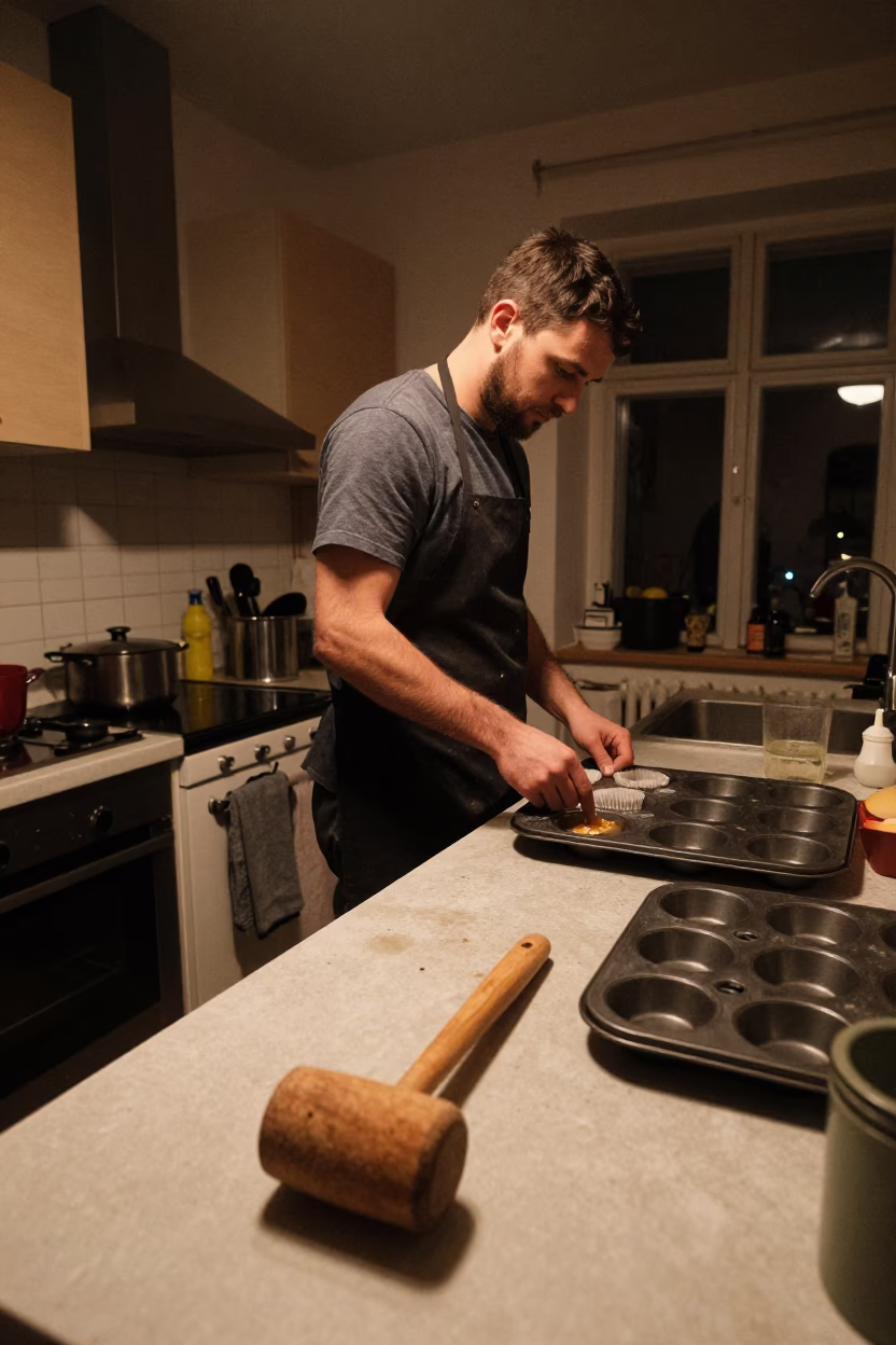 Late Night Prague Kitchen Scene with Wooden Mallet and Soap Residue in in Prague, Czech Republic