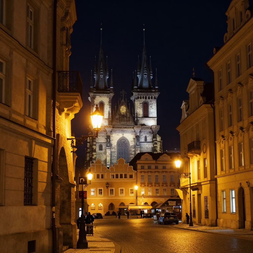 Late Night Prague Street Scene with Bell Tower and Wet Cobblestones in in Prague, Czech Republic