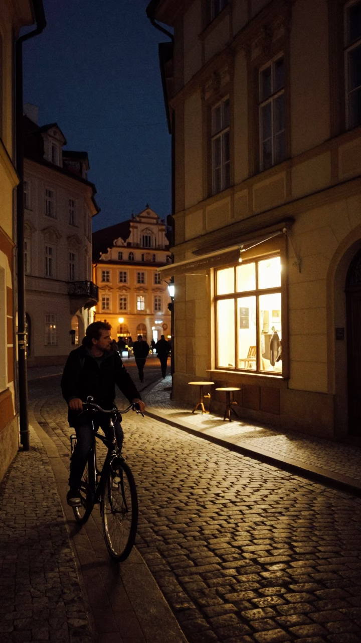 Late Night Prague Street Scene with Bicycle and Bakery in Deep Night in in Prague, Czech Republic