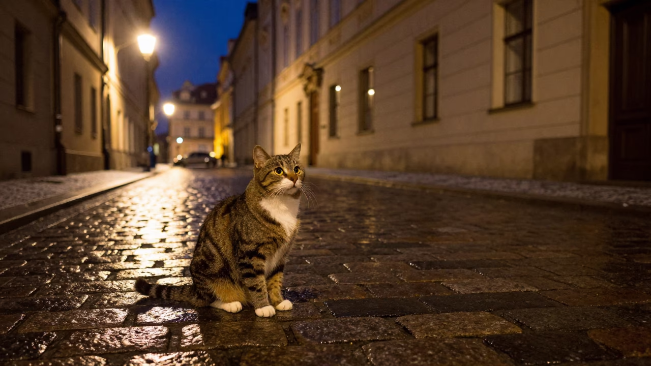 Late Night Prague Street Scene with Cat and Urban Details in in Prague, Czech Republic