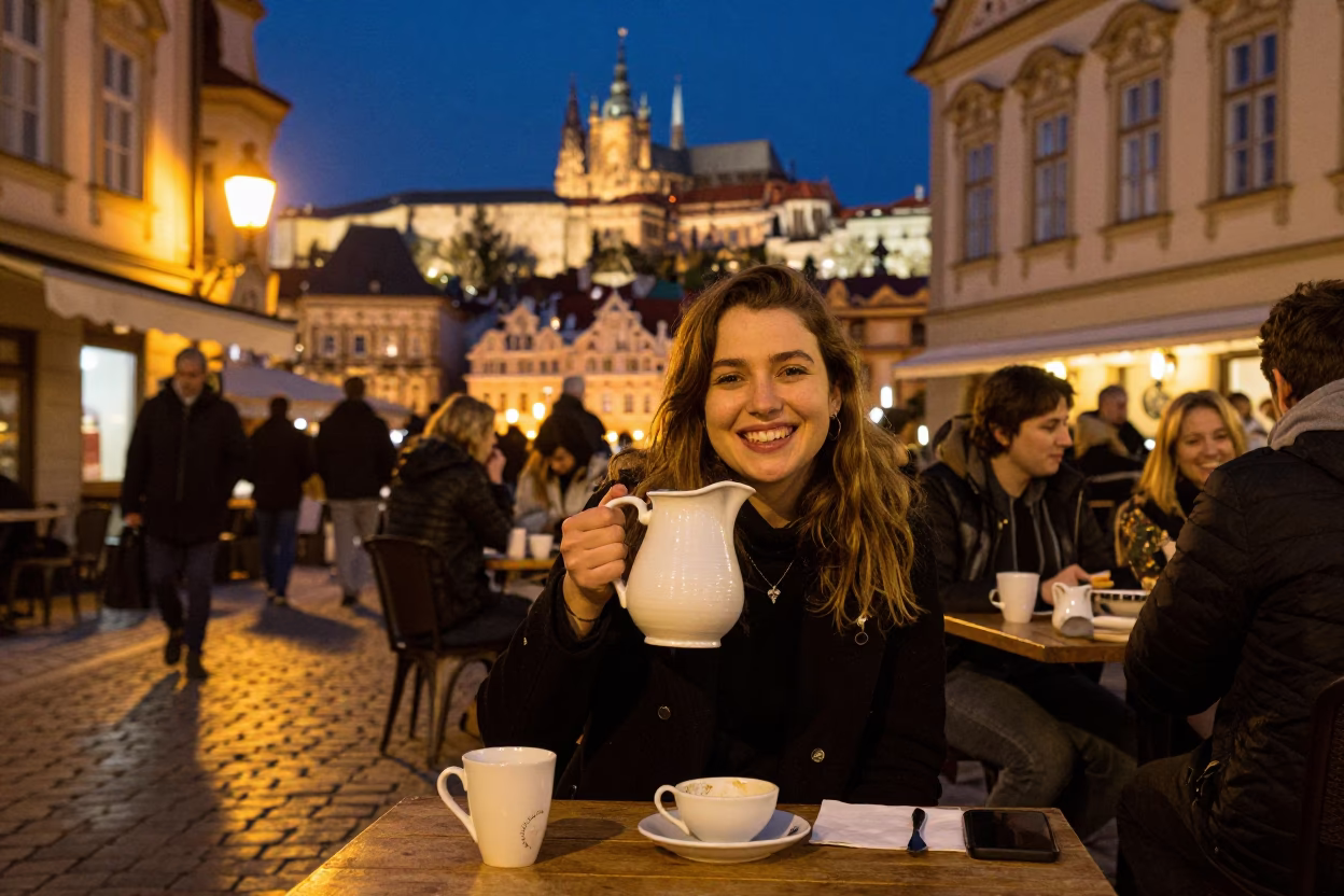 Late Night Prague Street Scene with Ceramic Pitcher and Key on Table in in Prague, Czech Republic