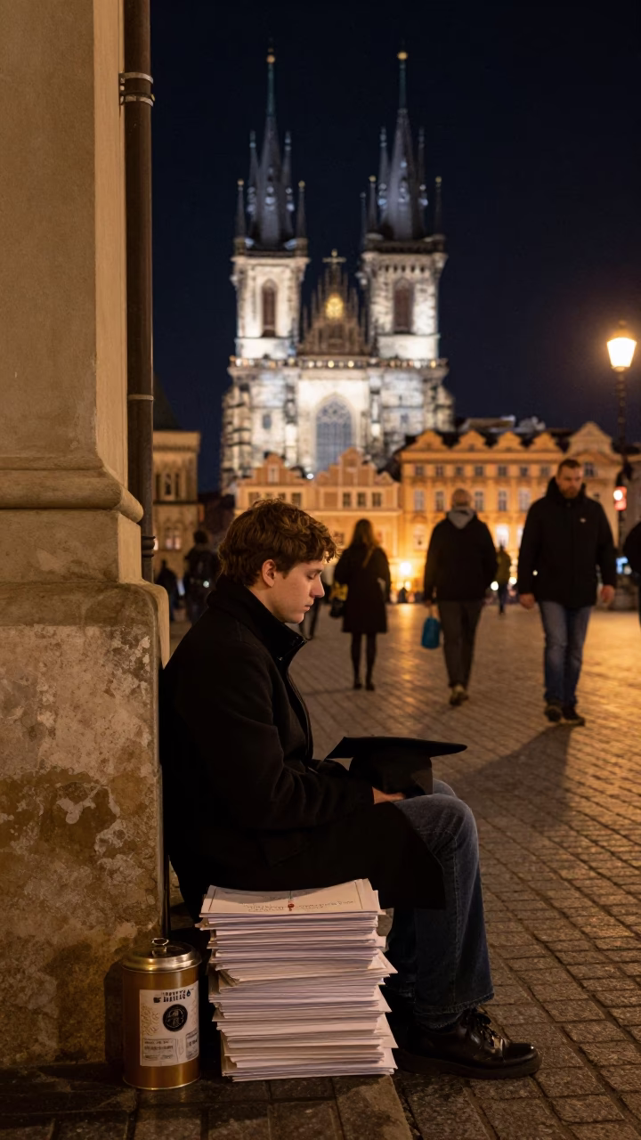 Late Night Prague Street Scene with Coffee Tin and Graduation Cap on Bench in in Prague, Czech Republic