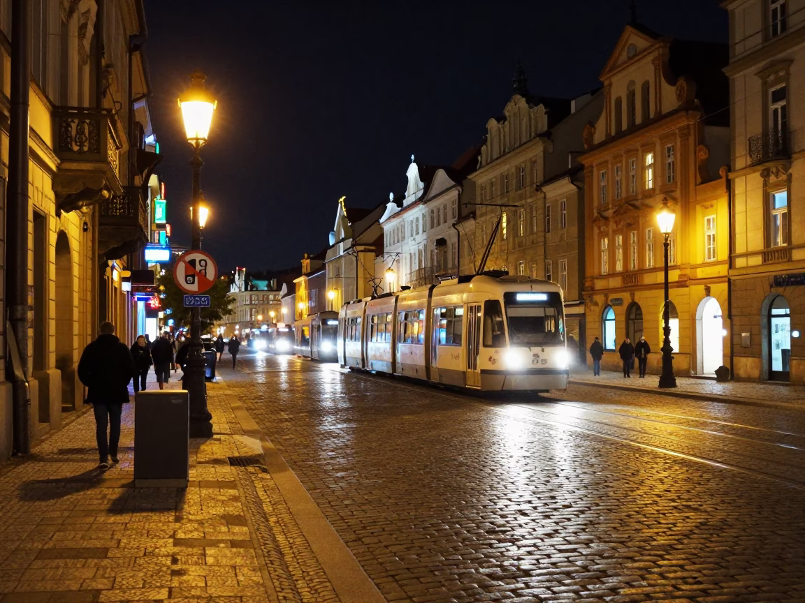 Late Night Prague Street Scene with Funicular and City Lights in in Prague, Czech Republic