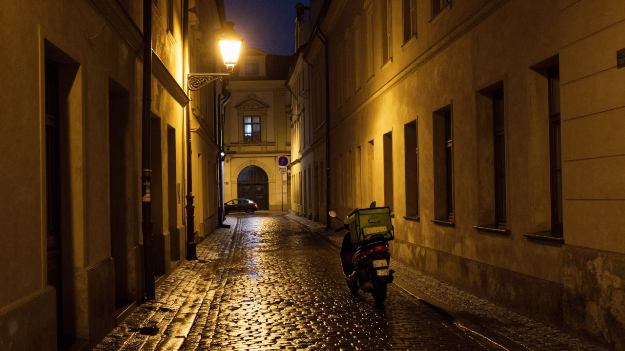 Late Night Prague Street Scene with Grease Sheen on Cobblestone and Red Brick Architecture in in Prague, Czech Republic