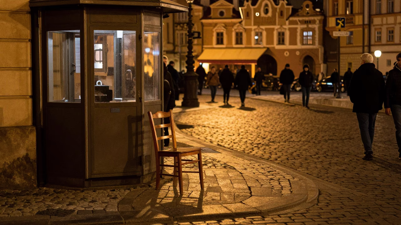 Late Night Prague Street Scene with Ladder-Back Chair and Urban Life in in Prague, Czech Republic