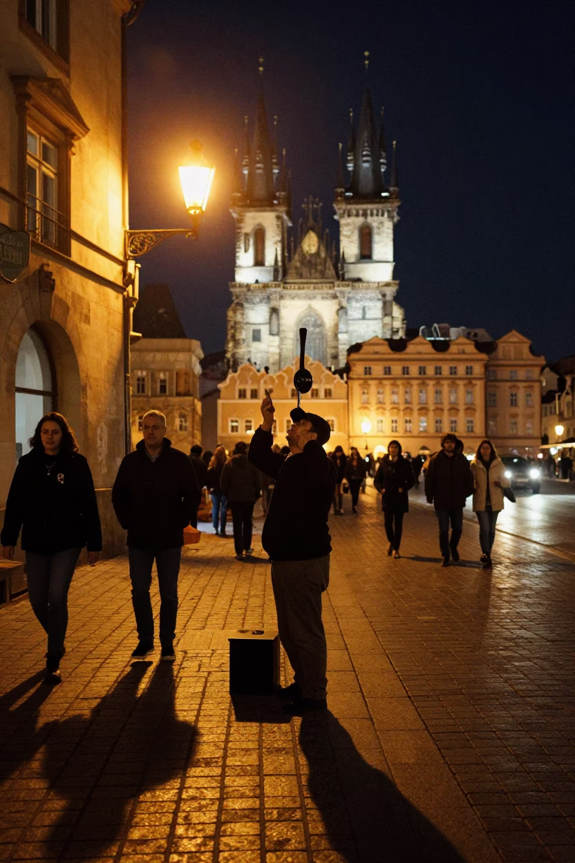 Late Night Prague Street Scene with Ladle and Shoebox at Dusk in in Prague, Czech Republic