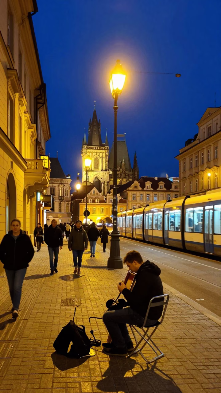 Late Night Prague Street Scene with Musician and Instrument Cases at Midnight in in Prague, Czech Republic