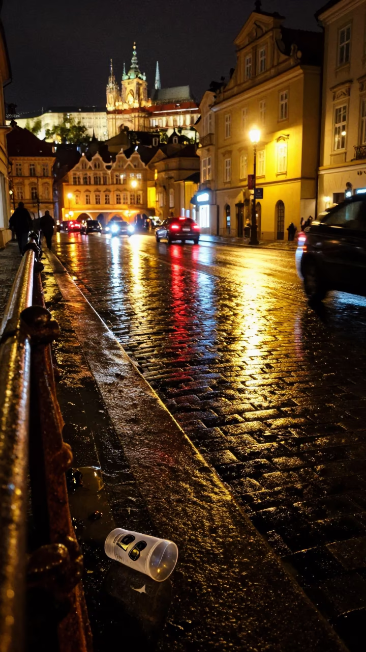 Late Night Prague Street Scene with Neon Reflections and Urban Details in in Prague, Czech Republic