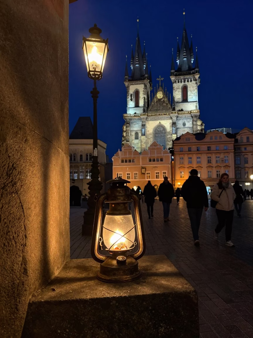 Late Night Prague Street Scene with Oil Lamp and Glass Cup Reflections in in Prague, Czech Republic