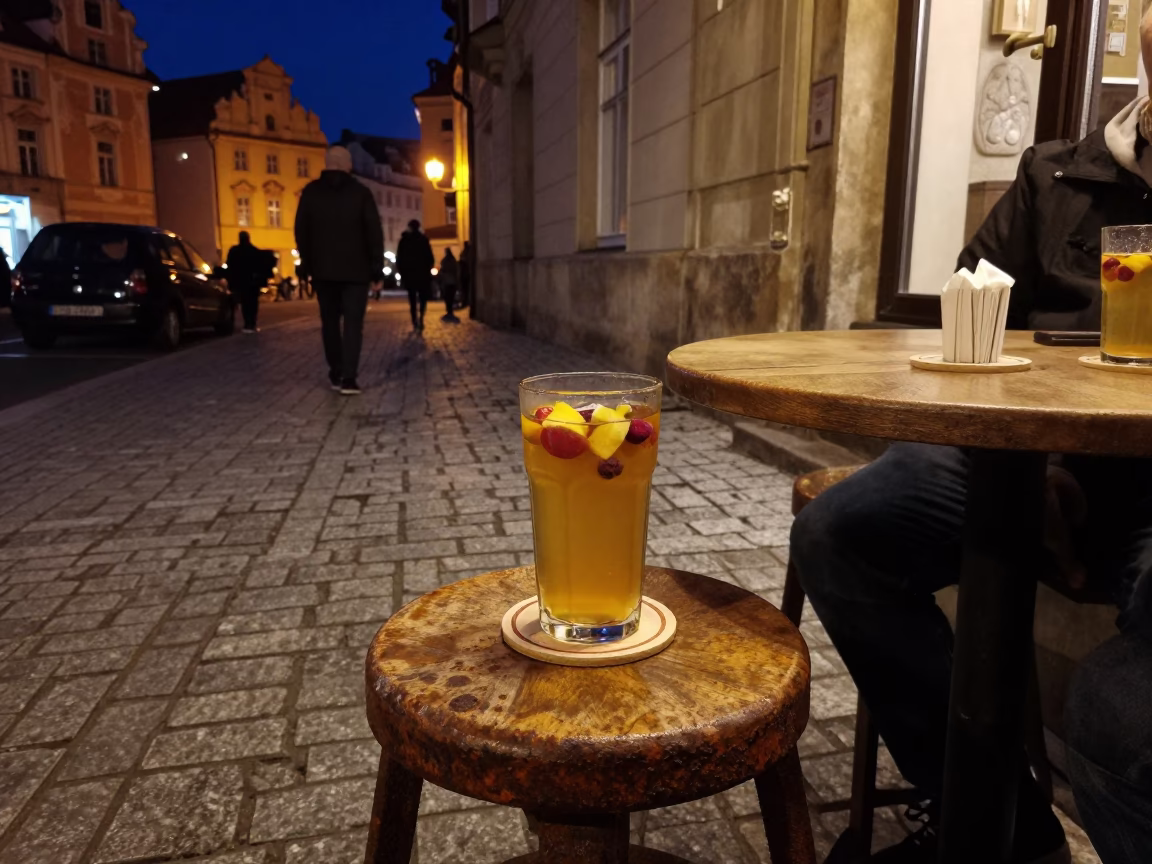 Late Night Prague Street Scene with Rusty Stool and Kombucha Glass in Cozy Cafe in in Prague, Czech Republic