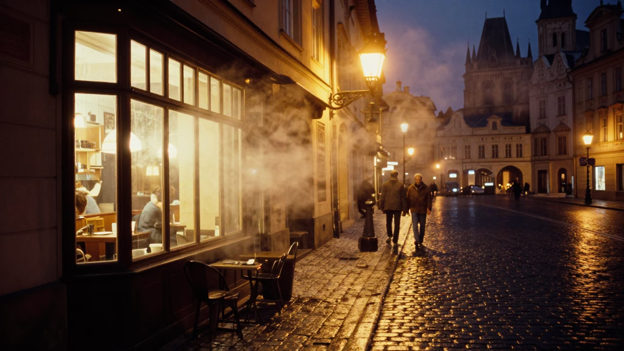 Late Night Prague Street Scene with Steam and Vintage Elements in in Prague, Czech Republic
