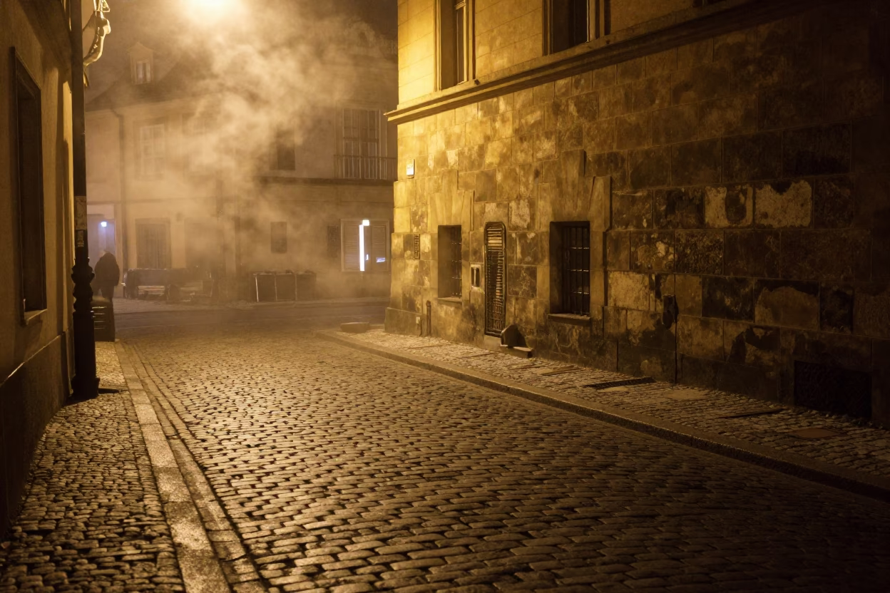 Late Night Prague Street Scene with Steam Haze and Historic Architecture in in Prague, Czech Republic