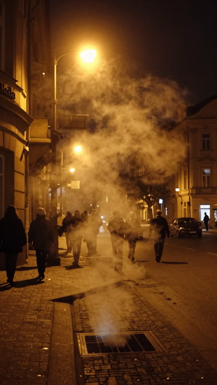 Late Night Prague Street Scene with Steam Haze and Urban Activity in in Prague, Czech Republic