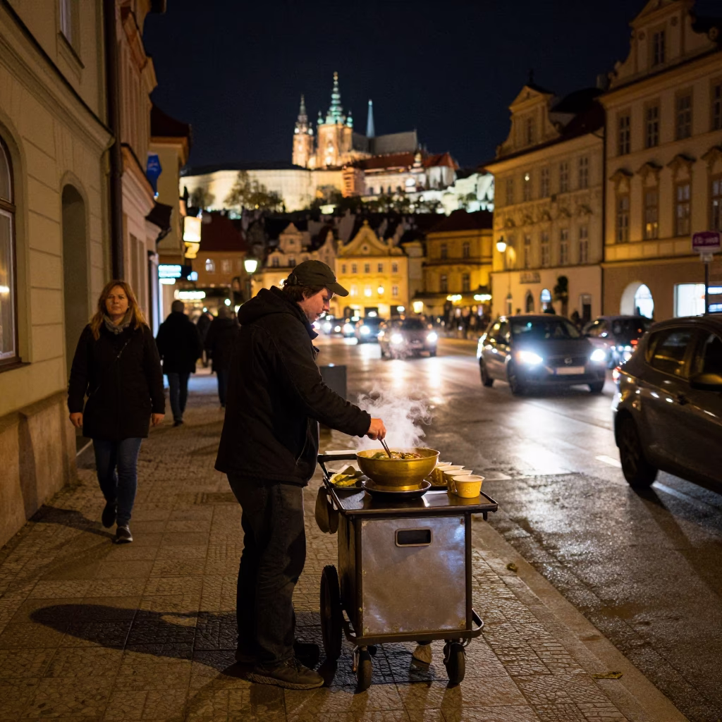 Late Night Prague Street Scene with Steaming Pho and Trolley Car Reflections in in Prague, Czech Republic