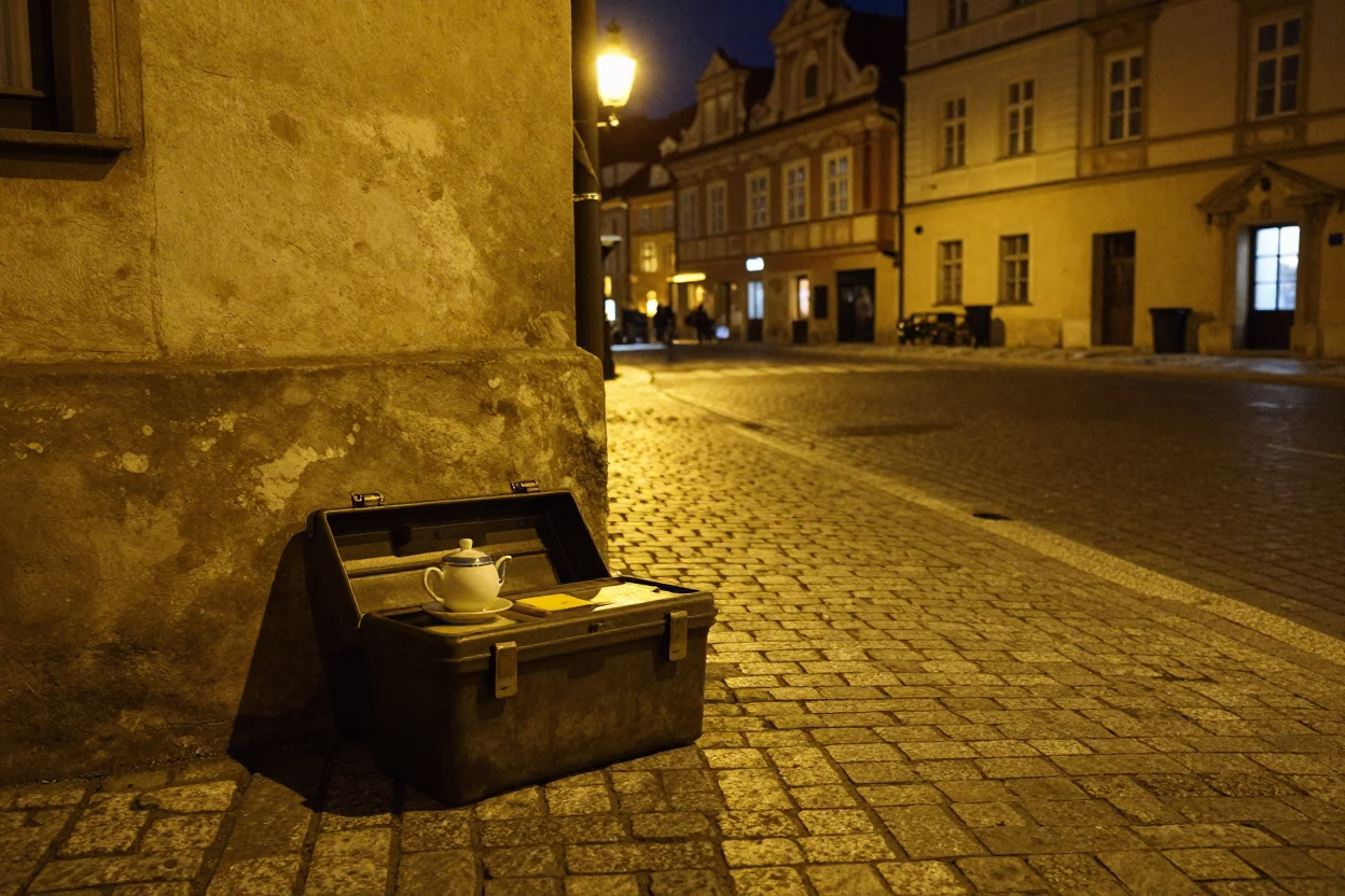 Late Night Prague Street Scene with Toolbox and Tea Stains on Wooden Table in in Prague, Czech Republic