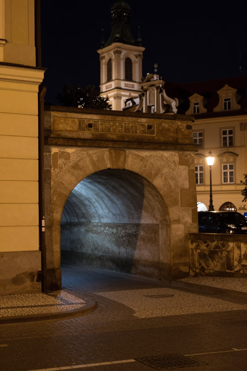 Late Night Prague Street Scene with Tunnel Portal and Urban Details in in Prague, Czech Republic