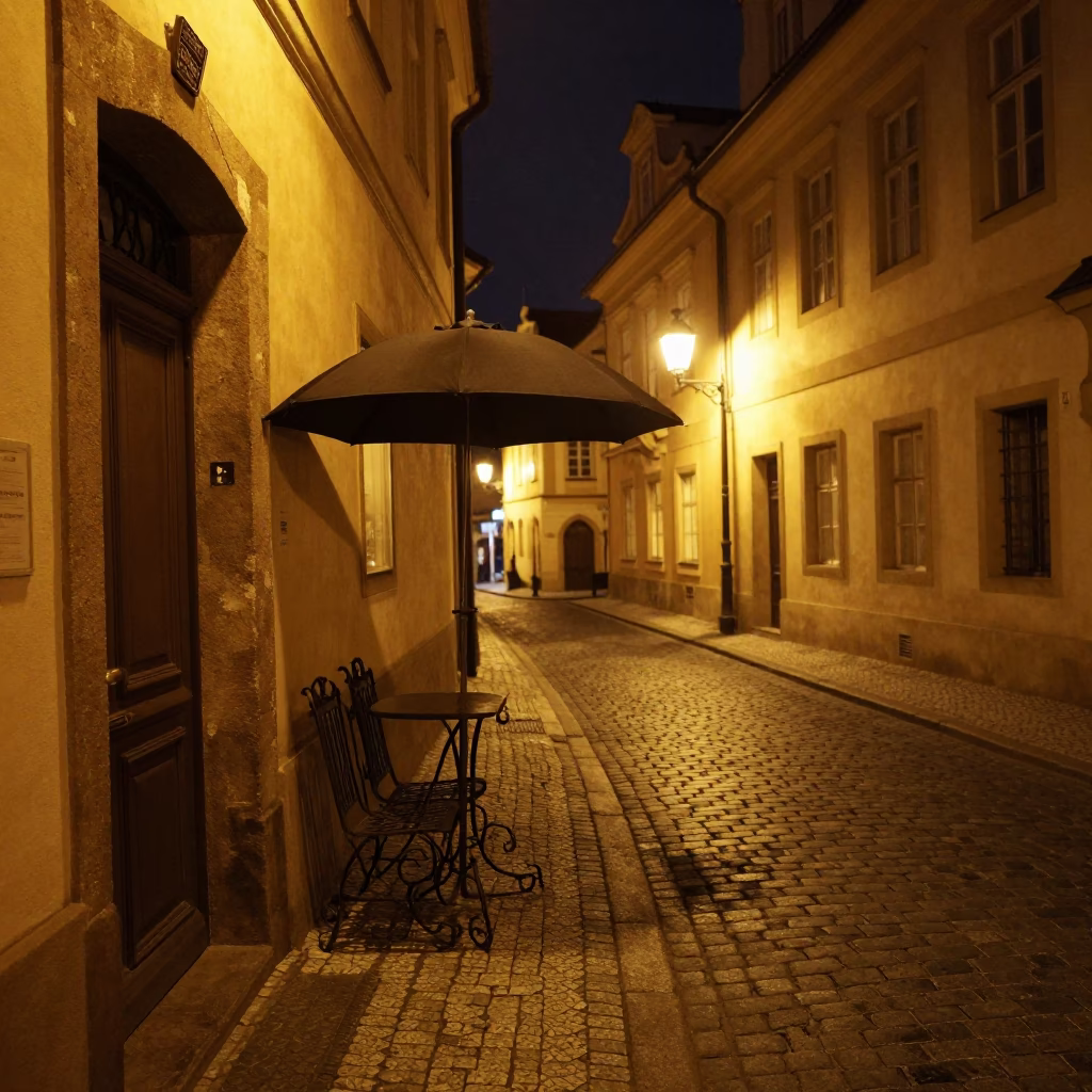 Late Night Prague Street Scene with Umbrella Stand and Glowing Window in in Prague, Czech Republic