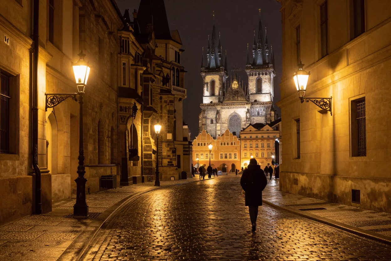 Late Night Prague Street Scene with University Cloister and Wet Flagstones in in Prague, Czech Republic