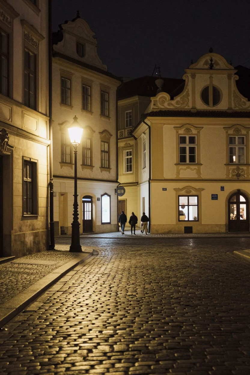 Late Night Prague Street Scene with Vintage 1950s Atmosphere and Urban Details in in Prague, Czech Republic