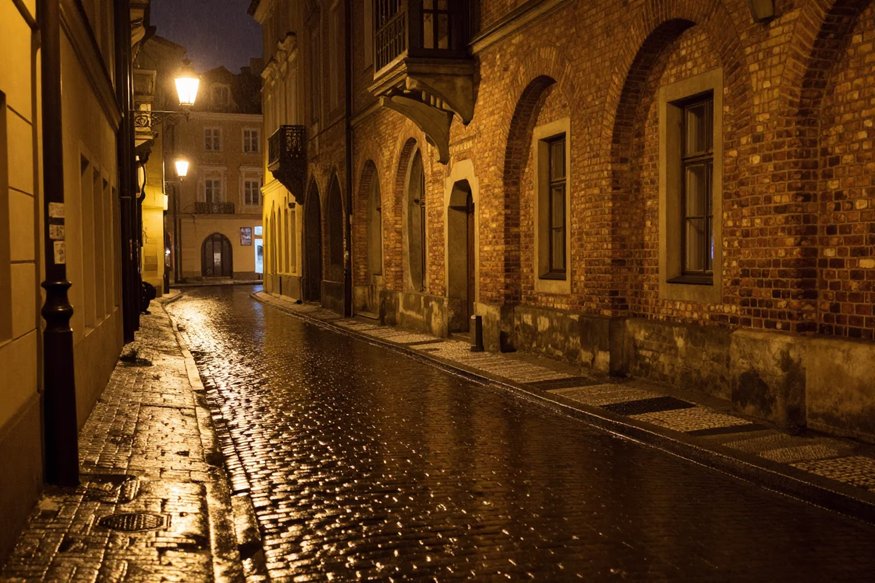 Late Night Prague Street Scene with Vintage 1960s Aesthetic and Urban Details in in Prague, Czech Republic