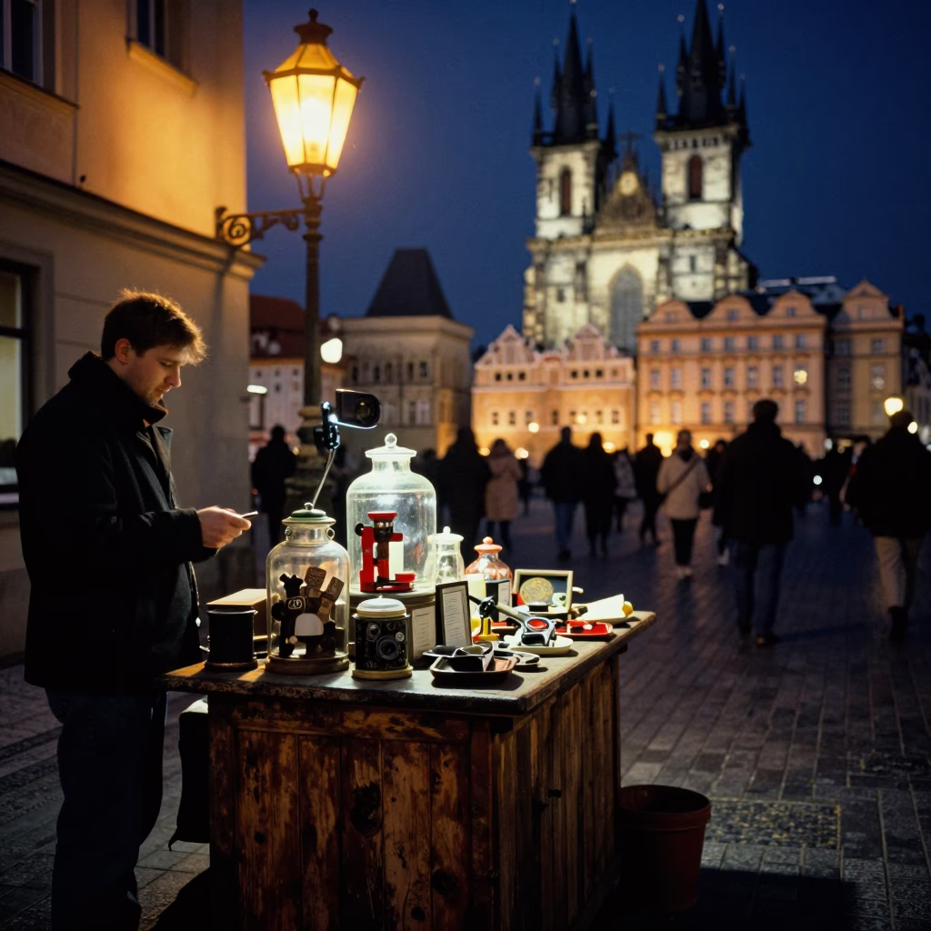 Late Night Prague Street Scene with Vintage Apothecary Jar and Kitchen Utensils in in Prague, Czech Republic