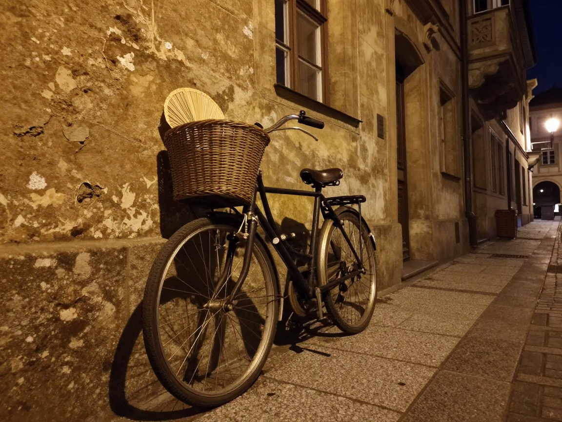 Late Night Prague Street Scene with Vintage Bicycle and Cobblestones in in Prague, Czech Republic