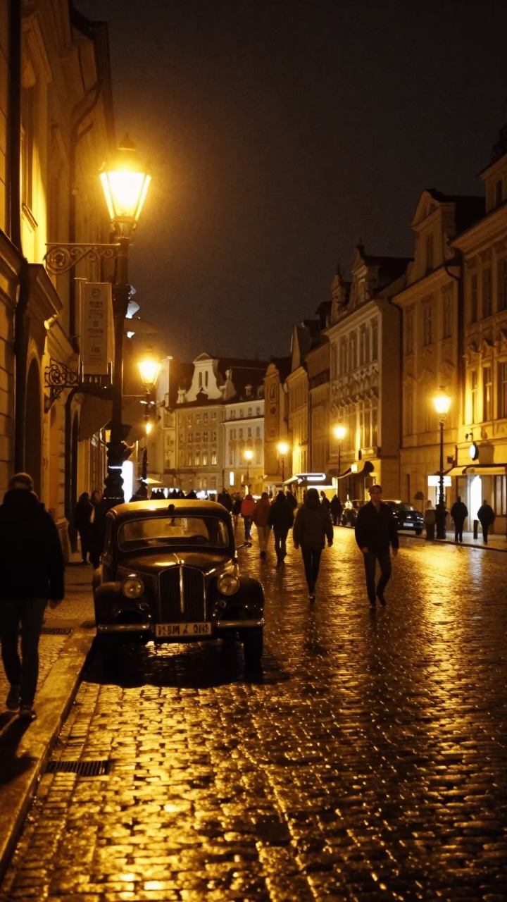 Late Night Prague Street Scene with Vintage Car and Neon Reflections in in Prague, Czech Republic