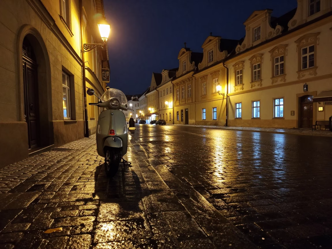 Late Night Prague Street Scene with Vintage Vespa Reflection and Dim Sum Meal in in Prague, Czech Republic