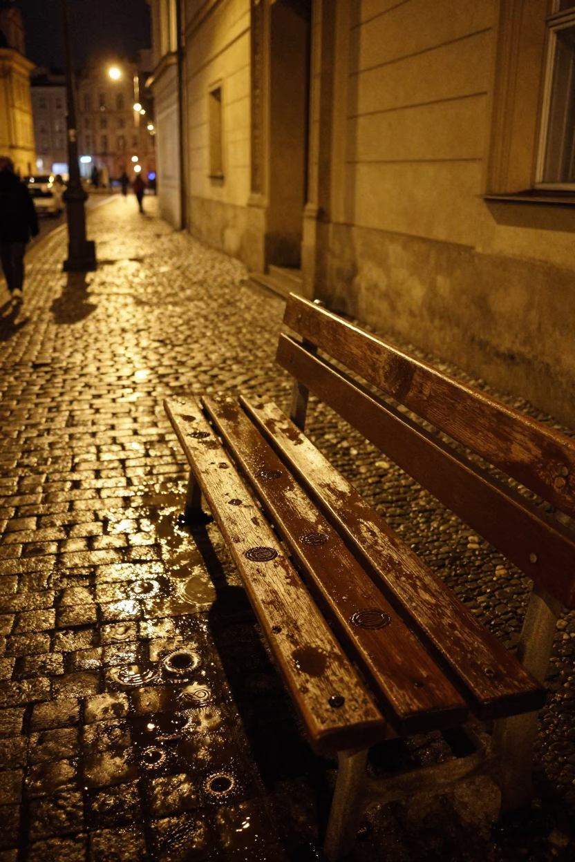 Late Night Prague Street Scene with Water Rings on Bench Slat and Pastry Brush in in Prague, Czech Republic