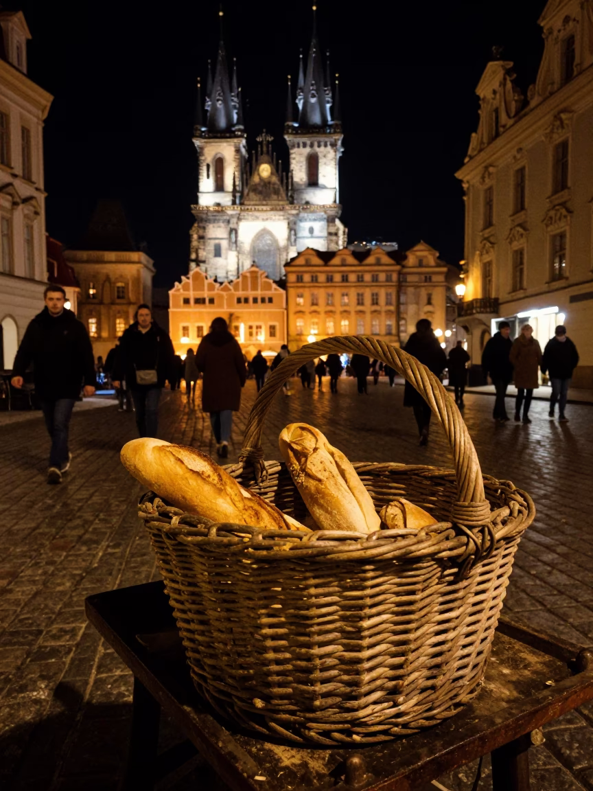 Late Night Prague Street Scene with Weathered Wicker Basket and Stacked Plates in in Prague, Czech Republic